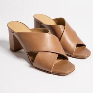 Nisolo Carina Cross Strap Mule Size 6  Almond / Tan Leather Block Heel